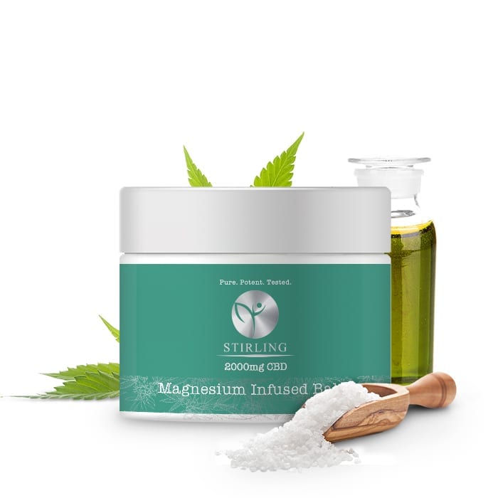 stirling's magnesium balm beside a pure cbd oil and magnesium crystals
